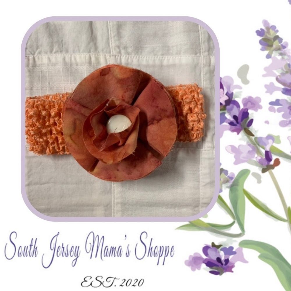 Handmade Infant Headband Peach Band Peach Salmon Flower Center Size Preemie B301